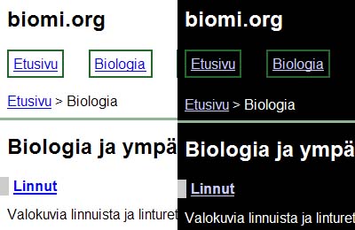 Biomi.org zoom-tyyleillä, ilman käyttäjän tekemiä värisäätöjä (Firefox) sekä käännetyllä väreillä (IE)