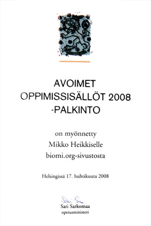 Avoimet oppimissisällöt 2008 -palkinto on myönnetty Mikko Heikkiselle biomi.org -sivustosta